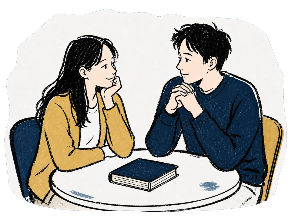 인생책을 사이에 두고 즐겁게 서로의 생각을 나누는 두 사람의 드로잉